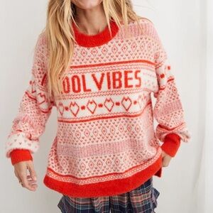 NEW Aerie Fuzzy Knit COOL VIBES Sweater Red White Hearts Size Medium
